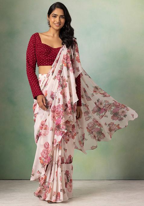 Ivory Floral Print Pre-Stitched Saree Set With Contrast Back Tie Up Blouse