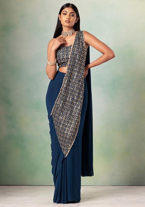 Teal Sequin Embroidered Pre-Stitched Saree Set With Strappy Blouse