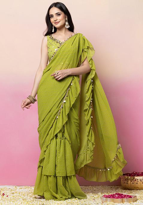 Green Bandhani Print Ruffled Pre-Stitched Saree Set With Hand Embroidered Blouse