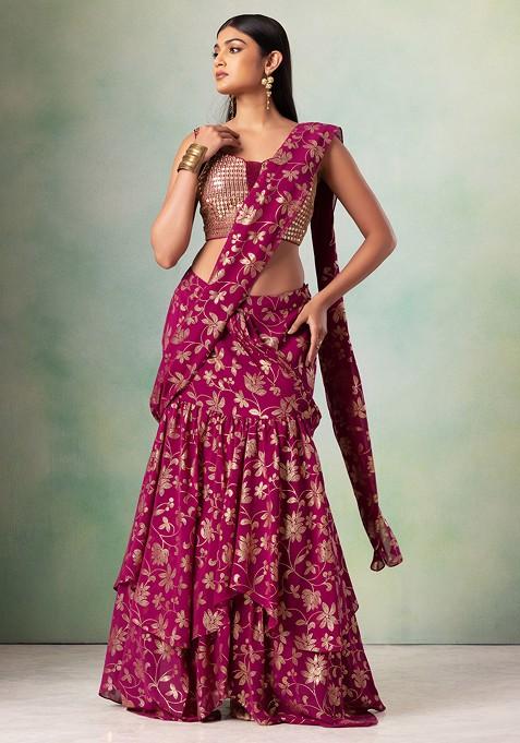 Wine Floral Foil Print Pre-Stitched Saree Set With Sequin Embroidered Blouse