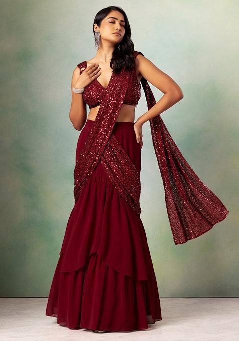 Maroon Sequin Embroidered Pre-Stitched Saree Set With Sequin Blouse