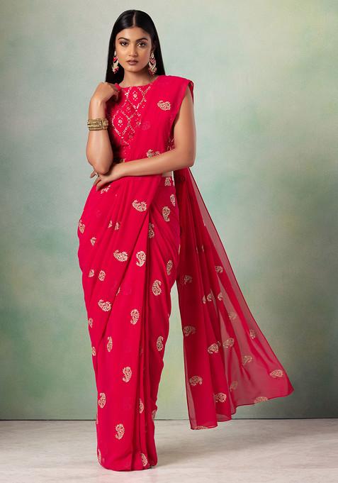 Fuchsia Pink Paisley Embroidered Pre-Stitched Saree Set With Embroidered Blouse