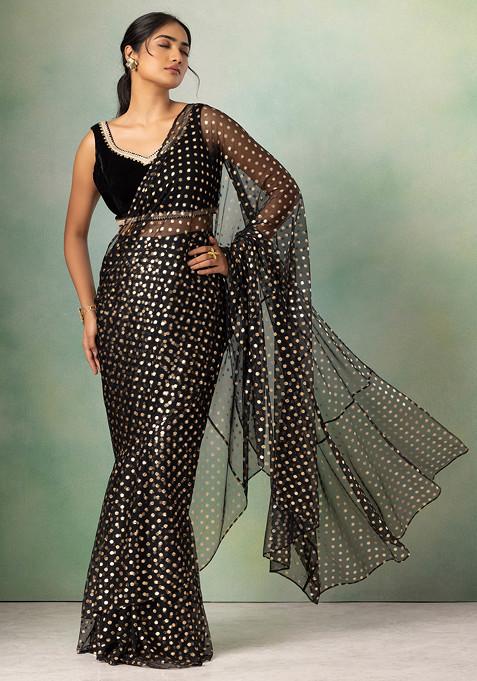 Black Polka Dot Foil Pre-Stitched Saree Set With Velvet Blouse