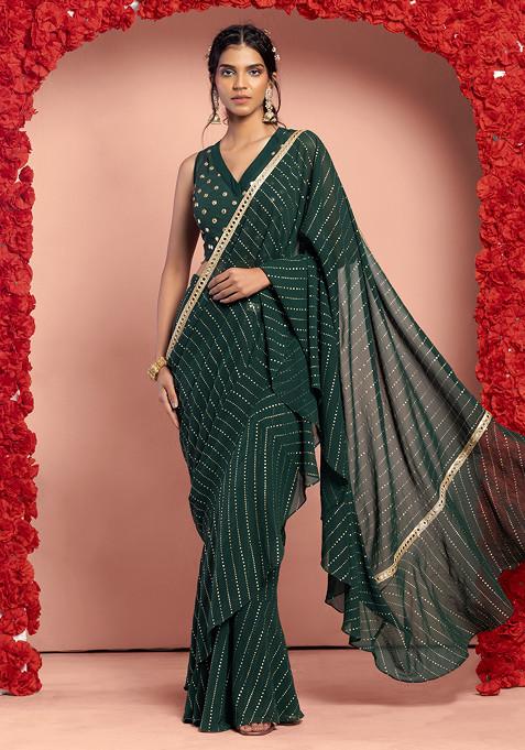 Deep Green Foil Print Pre-Stitched Saree Set With Mirror Embroidered Blouse