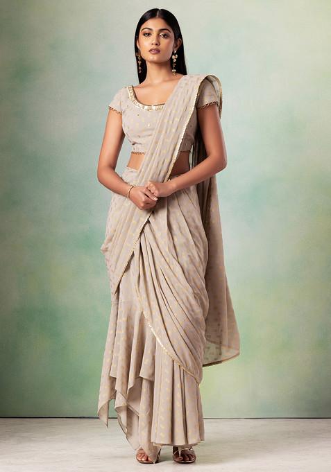 Grey Boota Foil Print Pre-Stitched Saree Set With Embroidered Blouse