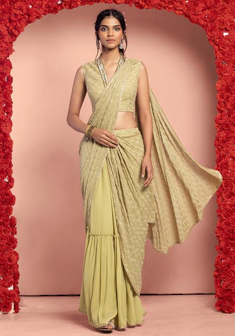 Lime Green Sequin Thread Embroidered Pre-Stitched Saree Set With Embroidered Blouse