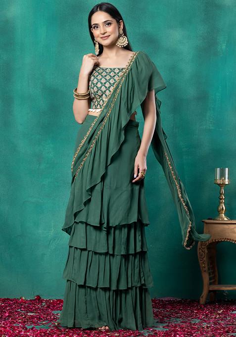 Dark Green Ruffled Pre-Stitched Saree Set With Zari Embroidered Blouse