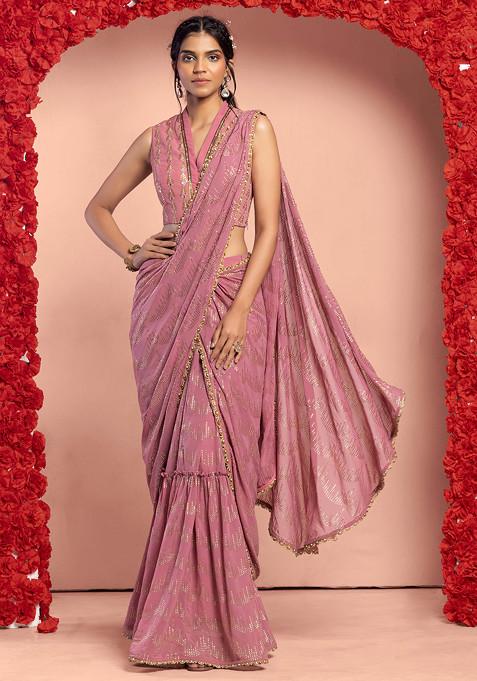 Dull Pink Sequin Embroidered Pre-Stitched Saree Set With Hand Embroidered Blouse