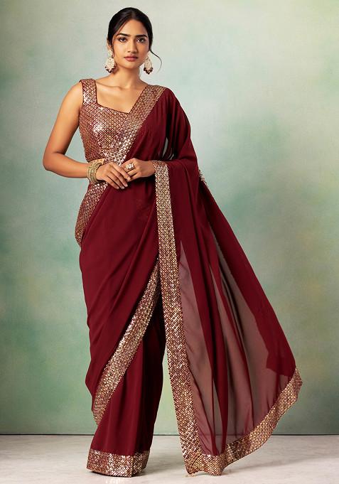 Deep Maroon Pre-Stitched Saree Set With Sequin Grid Embroidered Blouse