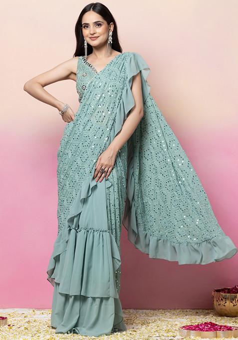 Sage Green Mirror Thread Embroidered Pre-Stitched Saree Set With Embroidered Blouse