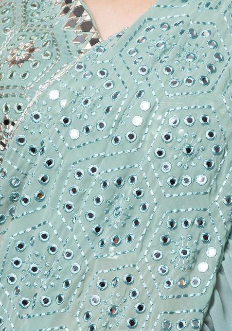 Sage Mist Chiffon Shimmer Embroidered Saree with Fall & Pico Fully Stitched Blouse main image 1