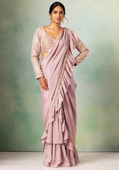 Lilac Ruffled Pre-Stitched Saree Set With Sequin Embroidered Blouse