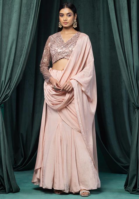 Pastel Pink Pre-Stitched Saree Set With Sequin Hand Embroidered Mesh Blouse