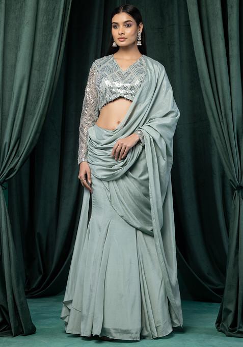 Sage Green Pre-Stitched Saree Set With Sequin Hand Embroidered Mesh Blouse
