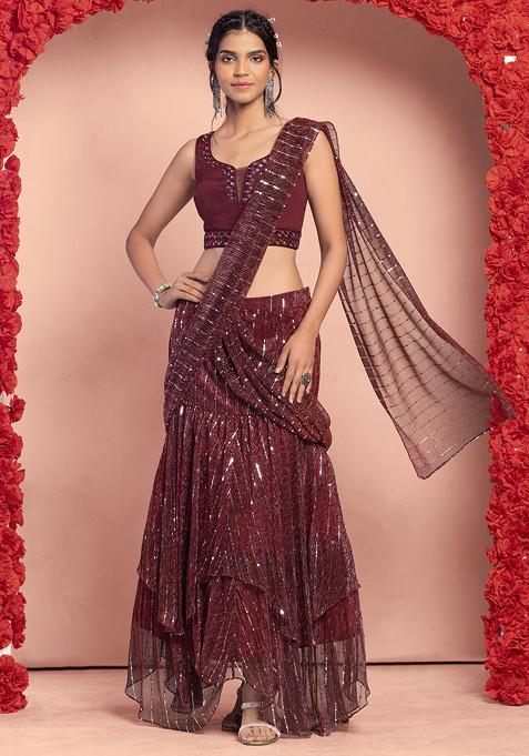 Deep Maroon Lurex Striped Pre-Stitched Saree Set With Mirror Embroidered Blouse