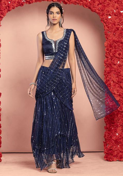 Navy Blue Lurex Striped Pre-Stitched Saree Set With Mirror Embroidered Blouse