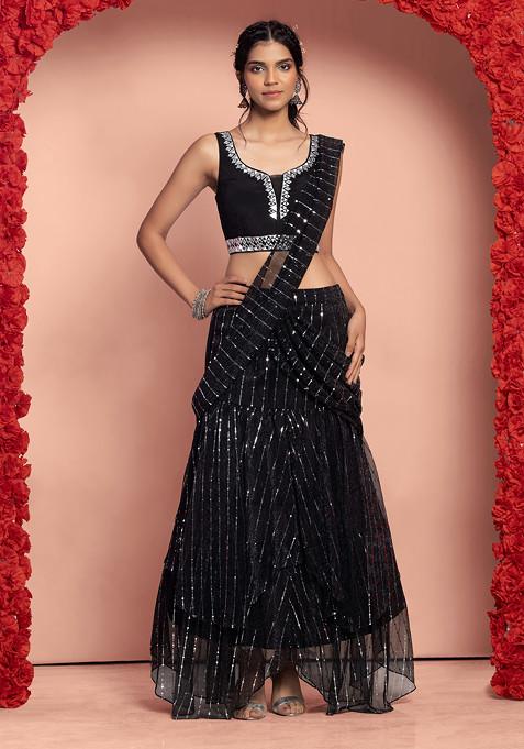Black Lurex Striped Pre-Stitched Saree Set With Mirror Embroidered Blouse