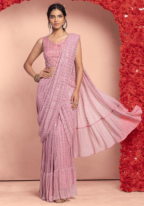 Pink Lurex Striped Pre-Stitched Saree Set With Mirror Embroidered Blouse