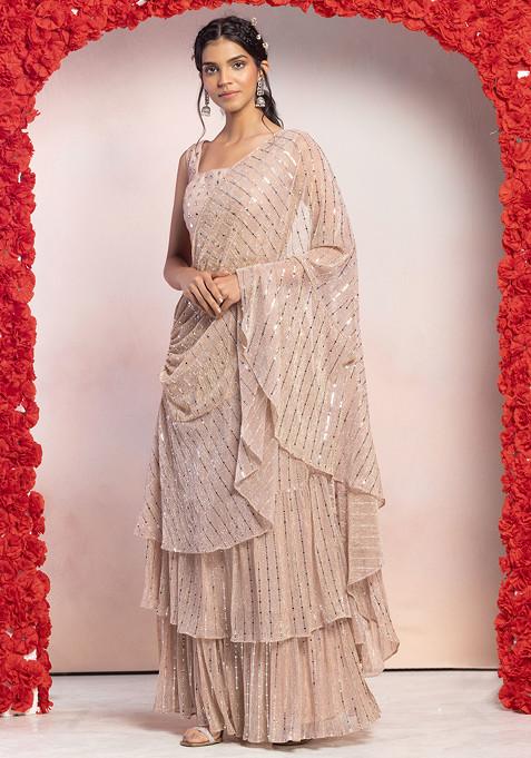 Blush Pink Lurex Striped Pre-Stitched Saree Set With Mirror Embroidered Blouse