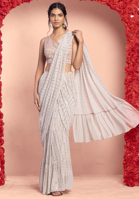 Blush Pink Lurex Striped Ruffled Pre-Stitched Saree Set With Mirror Embroidered Blouse