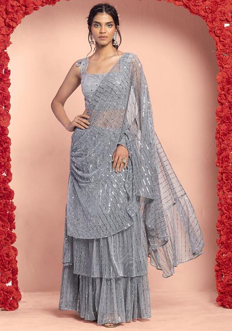 Grey Lurex Striped Ruffled Pre-Stitched Saree Set With Mirror Embroidered Blouse