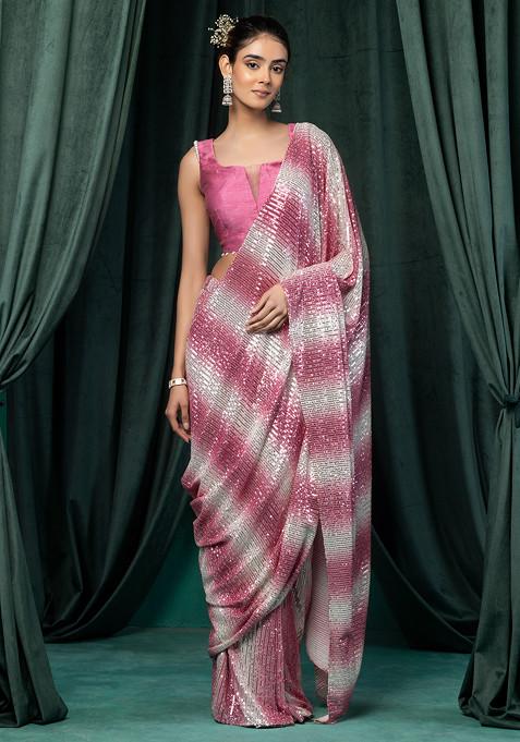 Pink And White Ombre Sequin Embroidered Pre-Stitched Saree Set With Blouse