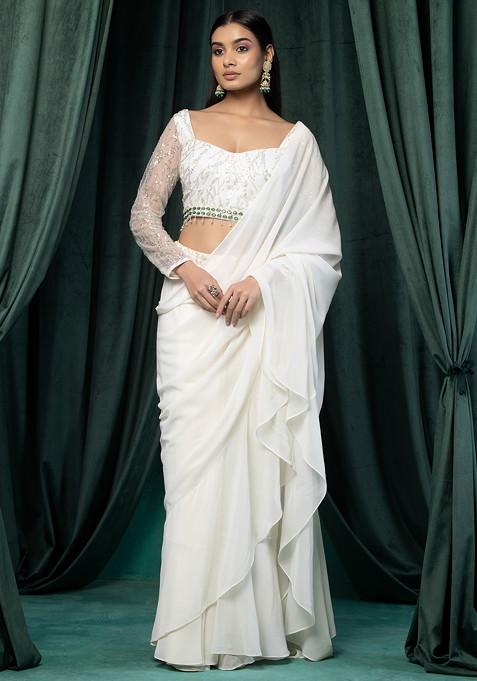 Off White Ruffled Pre-Stitched Saree Set With Sequin Embroidered Blouse And Belt