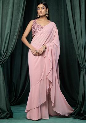 Dull Pink Ruffled Pre-Stitched Saree Set With Sequin Hand Embroidered Blouse