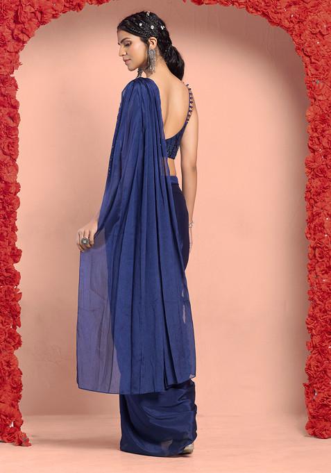 Navy Blue and Gold Embroidered Saree with Strapless Blouse main image 1