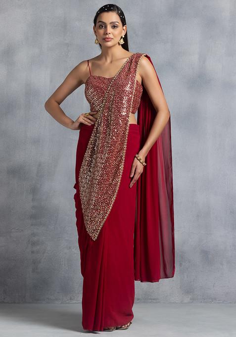 Deep Maroon Sequin Embroidered Pre-Stitched Saree Set With Embroidered Blouse