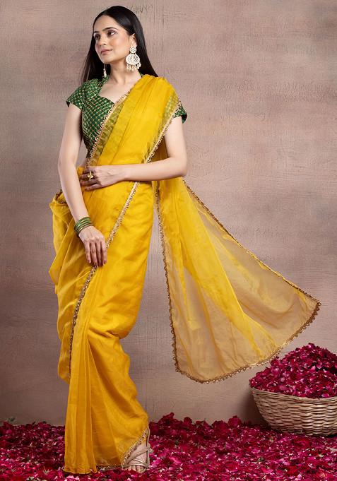 Mustard Yellow Organza Pre-Stitched Saree Set With Contrast Sequin Embroidered Blouse