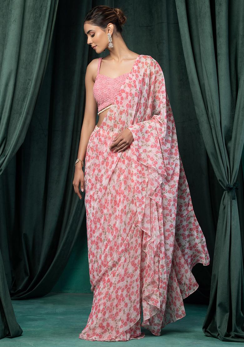 Draped Ruffled Pre-stitched Saree with Tassled Jeweled Neckpiece