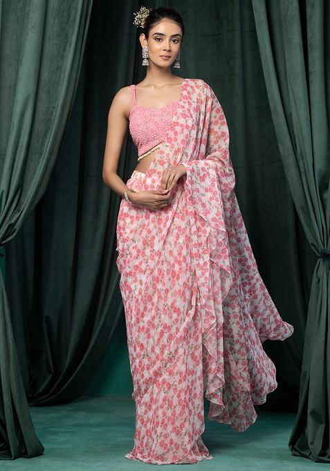 Pastel Pink Floral Print Ruffled Pre-Stitched Saree Set With Blouse