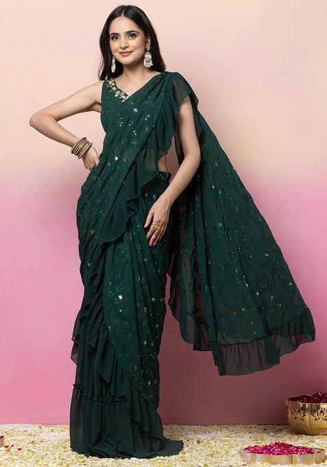 Deep Green Thread Embroidered Ruffled Pre-Stitched Saree Set With Blouse