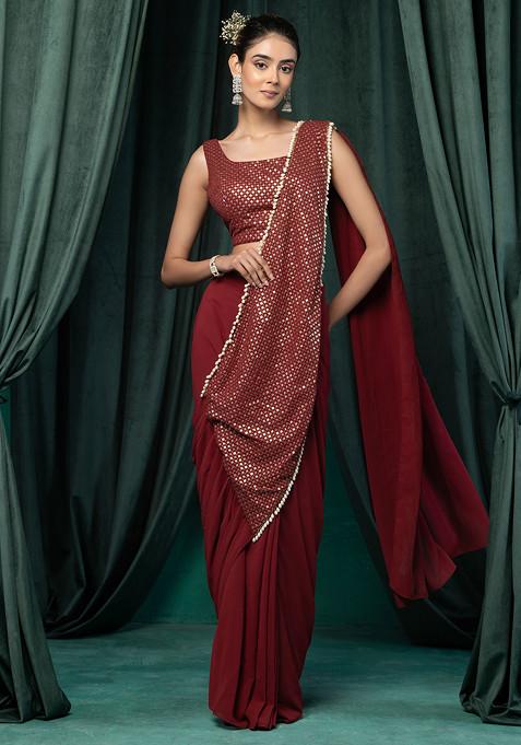 Deep Maroon Sequin Thread Embroidered Pre-Stitched Saree Set With Blouse