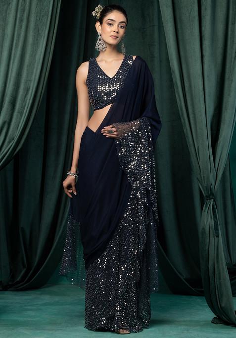 Navy Blue Ruffled Pre-Stitched Saree Set With Sequin Embroidered Mesh Blouse