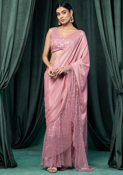 Pastel Pink Ruffled Pre-Stitched Saree Set With Sequin Embroidered Mesh Blouse