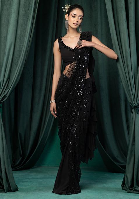 Black Sequin Bead Embroidered Pre-Stitched Saree Set With Embroidered Blouse