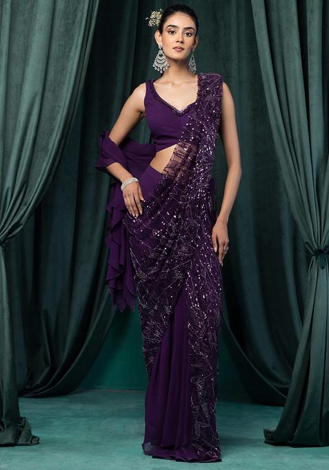 Dark Purple Tonal Sequin Embroidered Pre-Stitched Saree Set With Embroidered Blouse