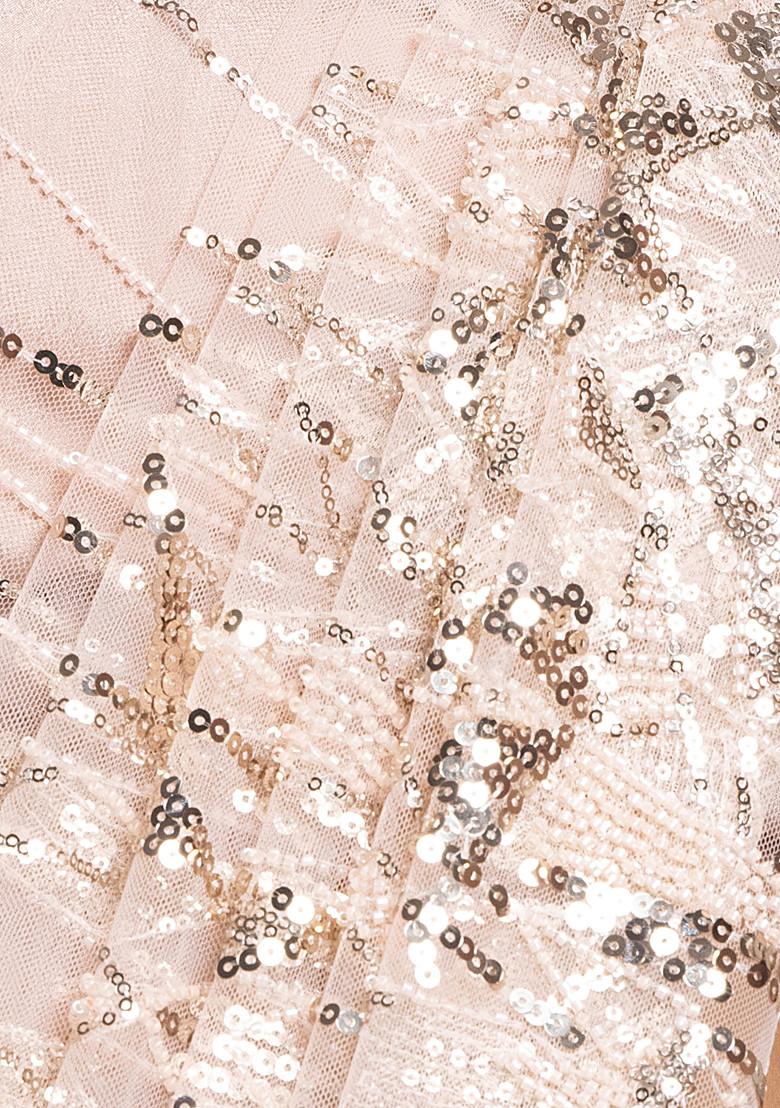 Blush Pink Sequin Embroidered Pre-Stitched Saree Set With Strappy Blouse