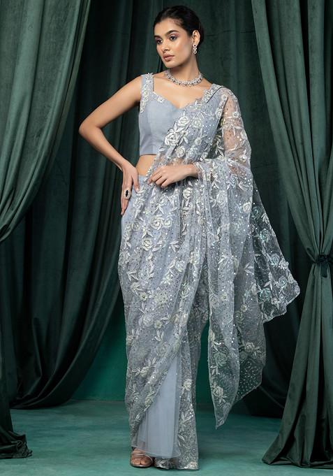 Light Blue Floral Sequin Embroidered Mesh Pre-Stitched Saree Set With Embroidered Blouse