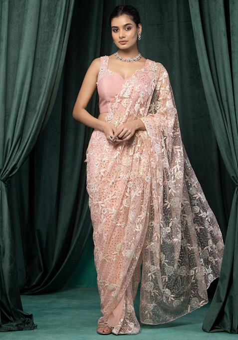 Peach Floral Sequin Embroidered Mesh Pre-Stitched Saree Set With Embroidered Blouse