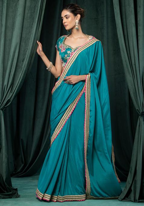 Peacock Green Pre-Stitched Saree Set With Floral Print Zari Embroidered Blouse