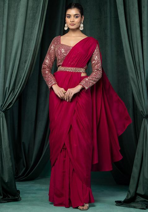 Wine Ruffled Pre-Stitched Saree Set With Sequin Zari Embroidered Blouse And Belt