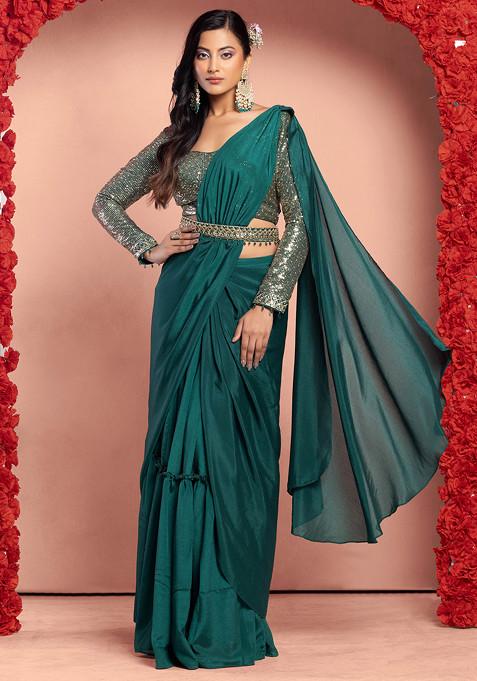 Forest Green Ruffled Pre-Stitched Saree Set With Sequin Zari Embroidered Blouse And Belt