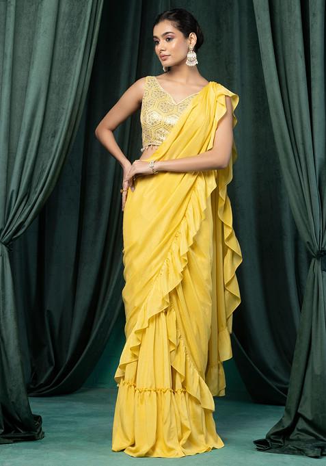 Yellow Ruffled Pre-Stitched Saree Set With Geometric Sequin Embroidered Blouse