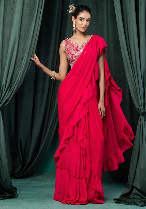 Pink Ruffled Pre-Stitched Saree Set With Geometric Sequin Embroidered Blouse