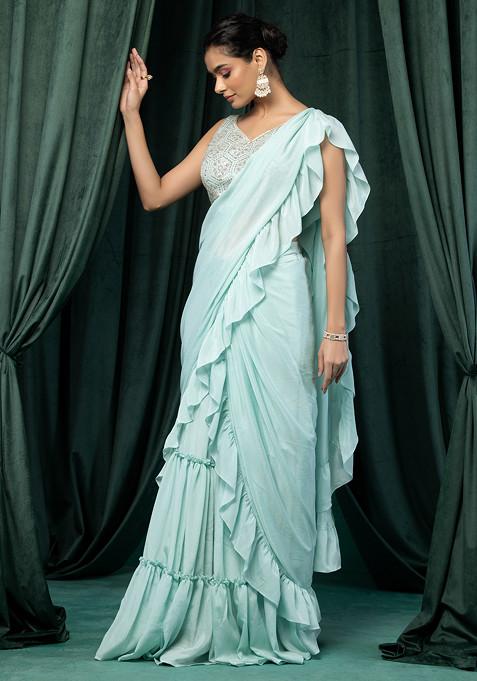 Seafoam Ruffled Pre-Stitched Saree Set With Geometric Sequin Embroidered Blouse