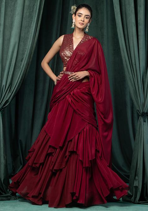 Deep Maroon Ruffled Pre-Stitched Saree Set With Geometric Sequin Embroidered Blouse And Belt