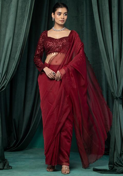 Deep Maroon Organza Pre-Stitched Saree Set With Sequin Embroidered Blouse